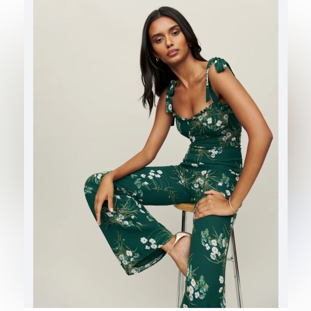 Reformation Emerald Green Floral Tie-Shoulder Jumpsuit